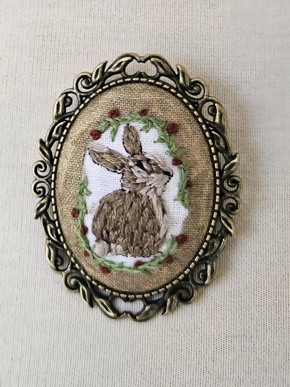 Hand Embroidered Bunny And Roses Brooch